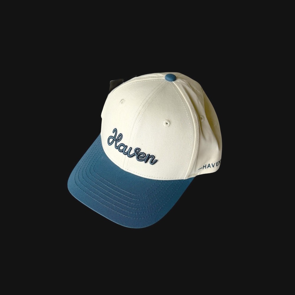 Haven Court Script Logo Snapback Hat Cream Blue Two Tone Mens Cap NWT